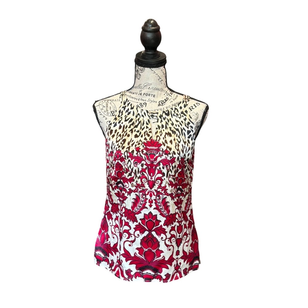 Whiteā House Black Market Silk Stretch Leopard Damask Print Shell Top Red Size 2